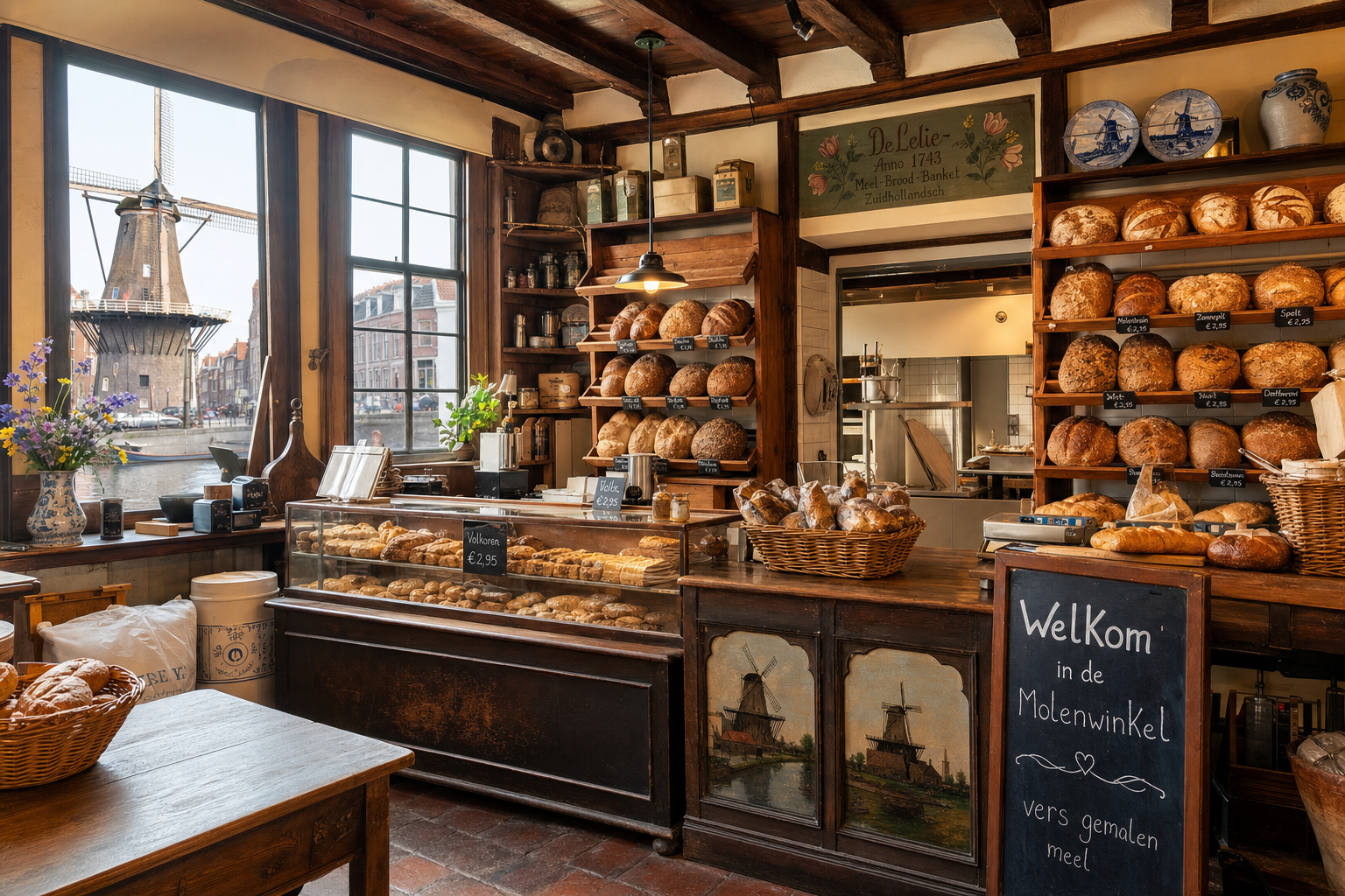 Timber bakery interior with bread baskets