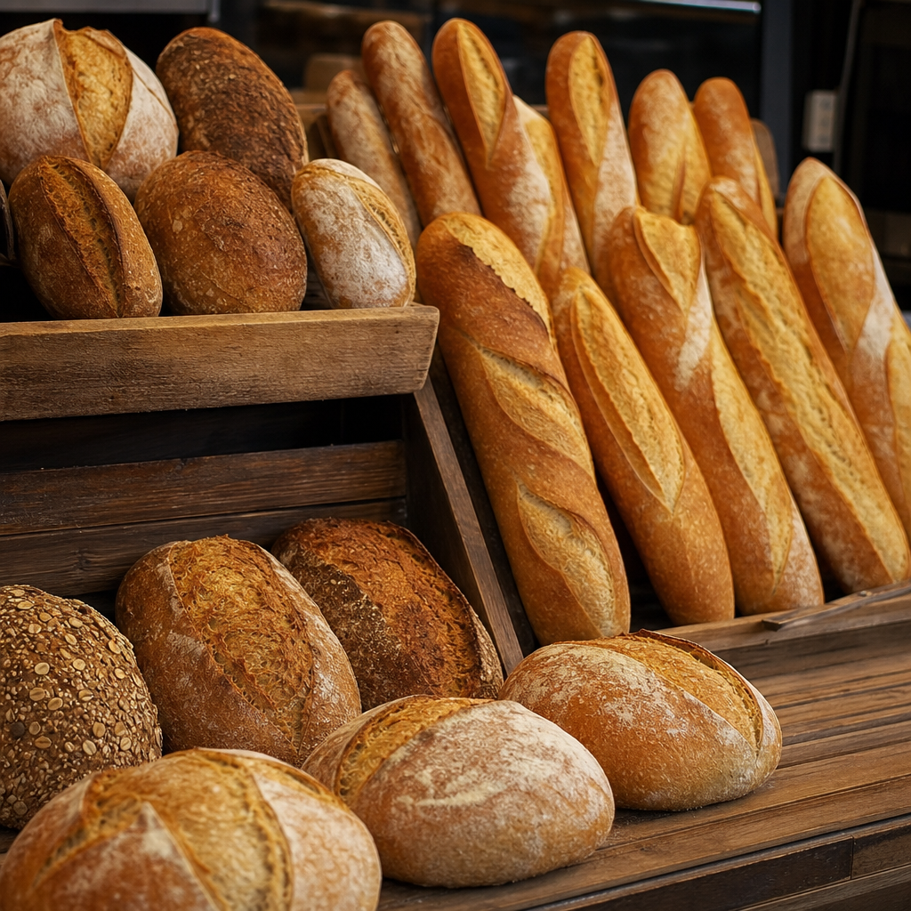 Assorted crusty sourdough loaves on timber shelves