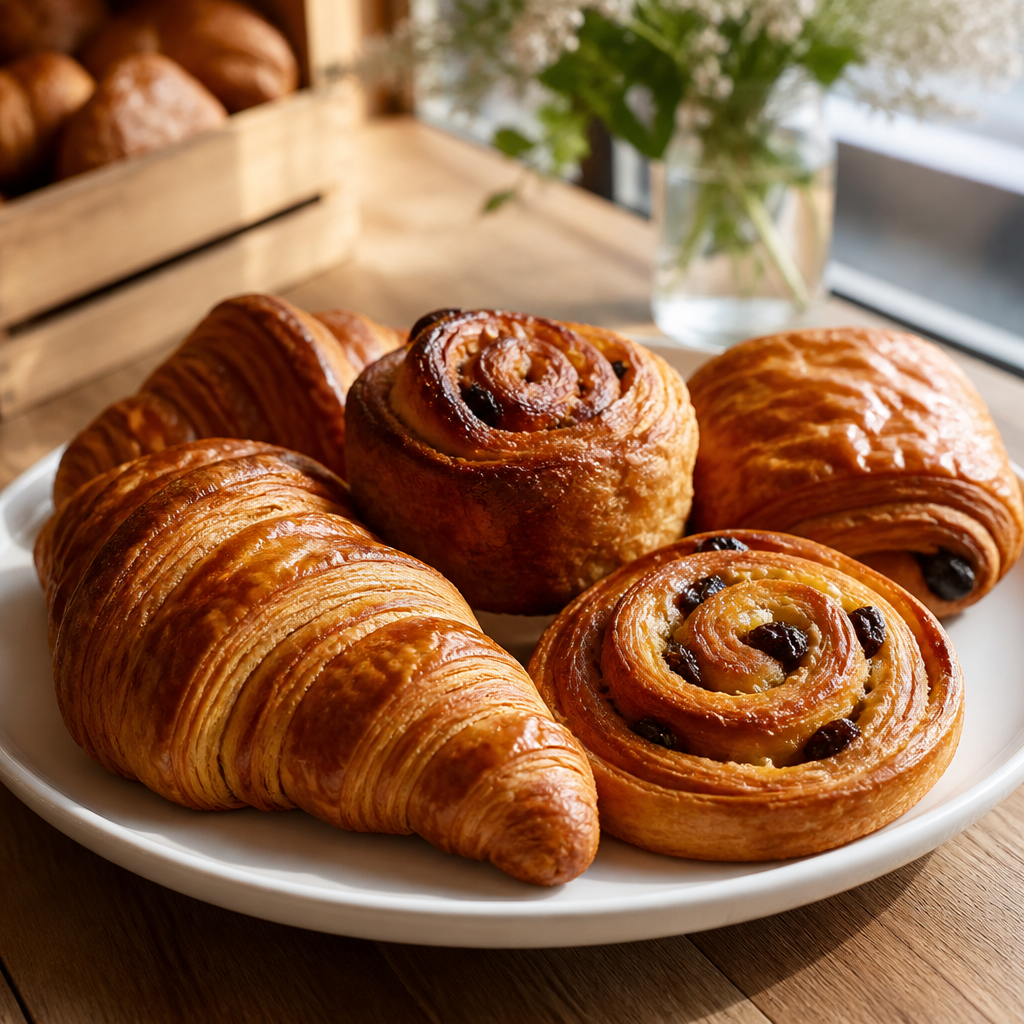 Fresh bakery rolls in a wooden basket