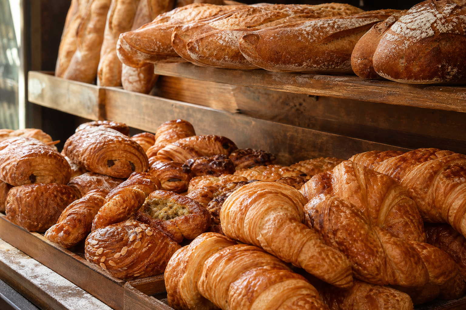 Fresh sourdough loaves on a wooden bakery board