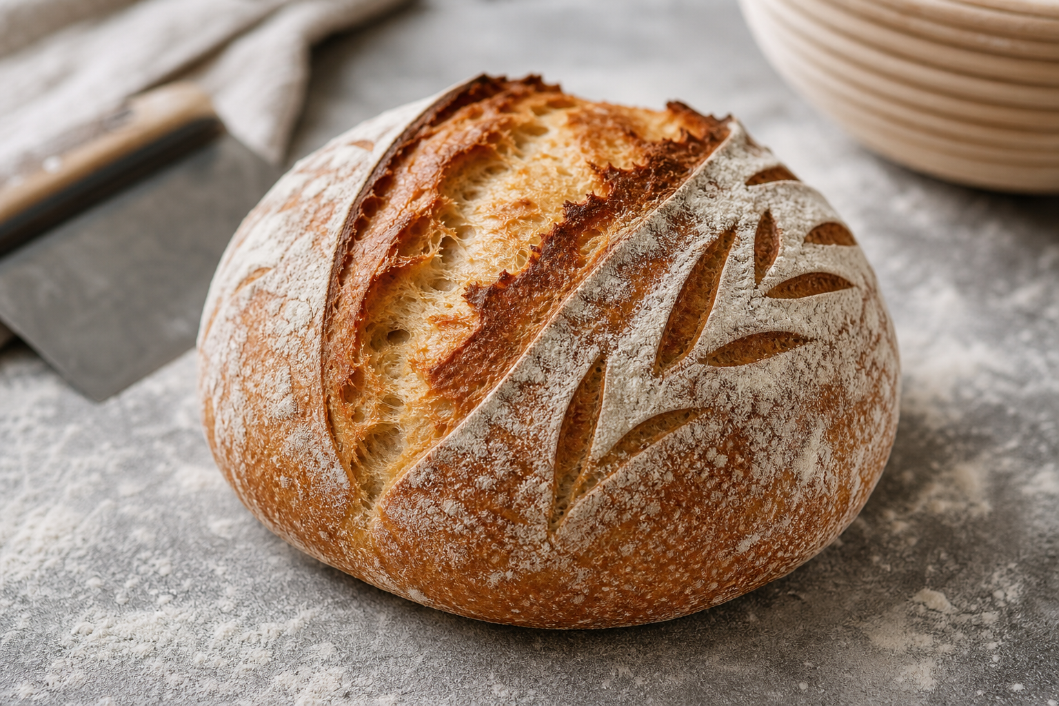 Flour-dusted sourdough boule with scored crust